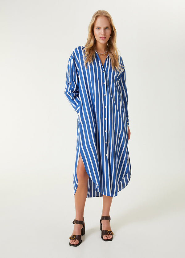 Beymen Club Stripe Sleeve Detail Midi Dress Blue - White