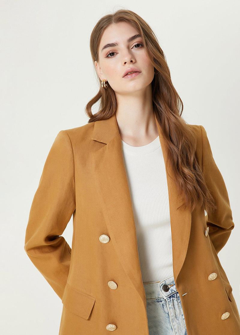 Beymen Club Double Breasted Linen Blazer Camel