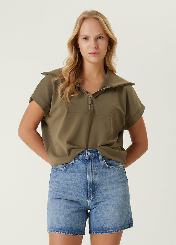 Beymen Club Zippered Short Sleeve Sweatshirt Khaki