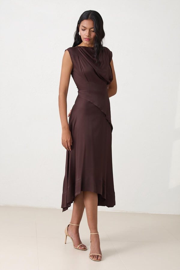 Setre Collar Tie Detail Draped Dress Brown