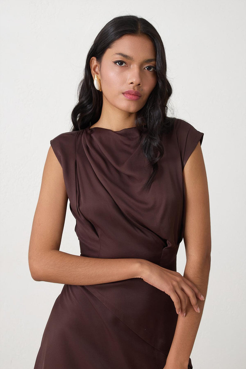 Setre Collar Tie Detail Draped Dress Brown