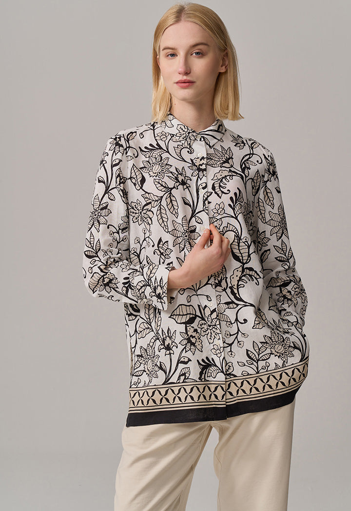 Choice Floral Printed Long Sleeve Shirt  Black-White