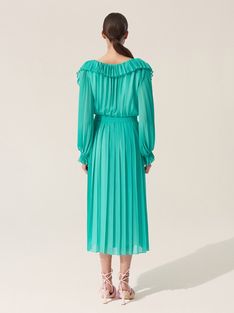 Baqa Ruffle Detail Pleated Dress Green