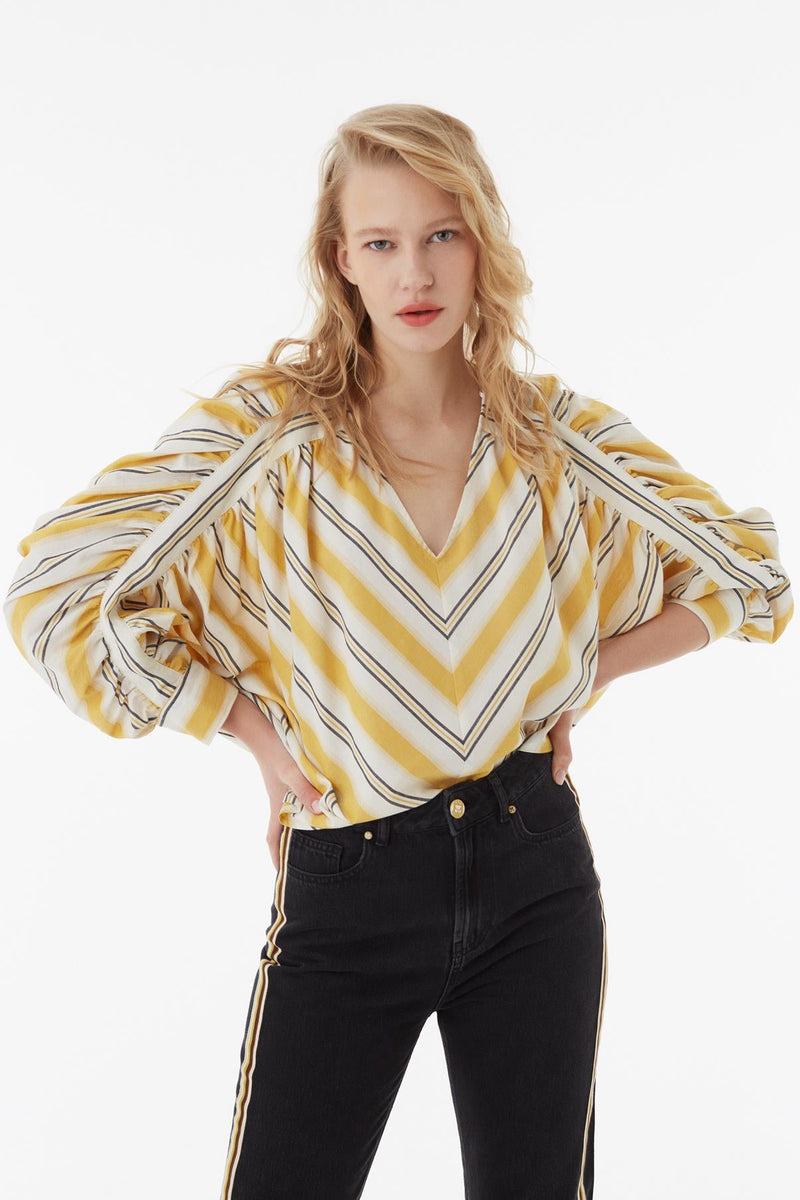 Exquise Blouse V-Stripe Wide Sleeve Yellow - Wardrobe Fashion