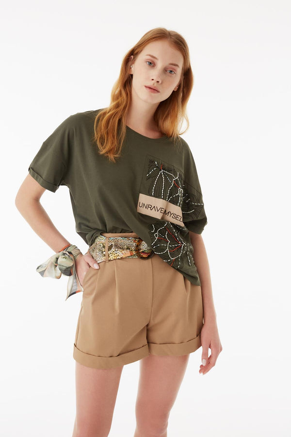 Exquise T-Shirt Embroied S/Sl Khaki - Wardrobe Fashion