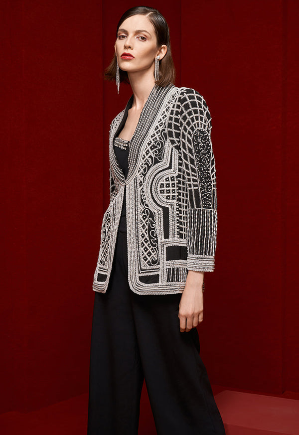 Choice Bead-Embroidered Patterned Blazer Black