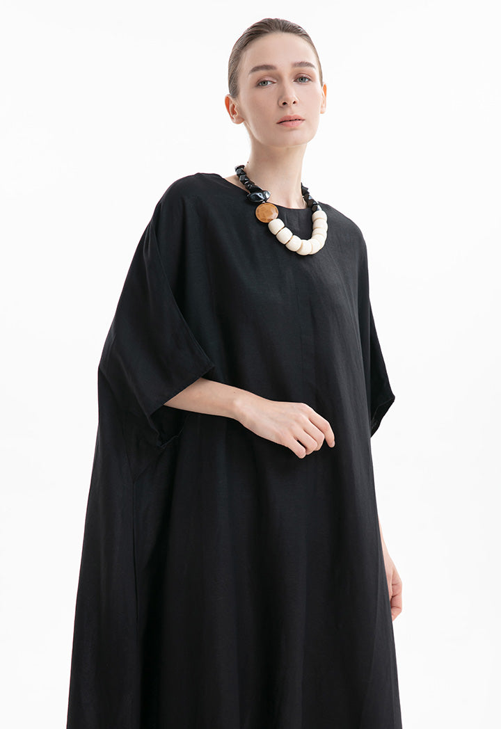 Choice Textured Linen Long Flared Dress Black