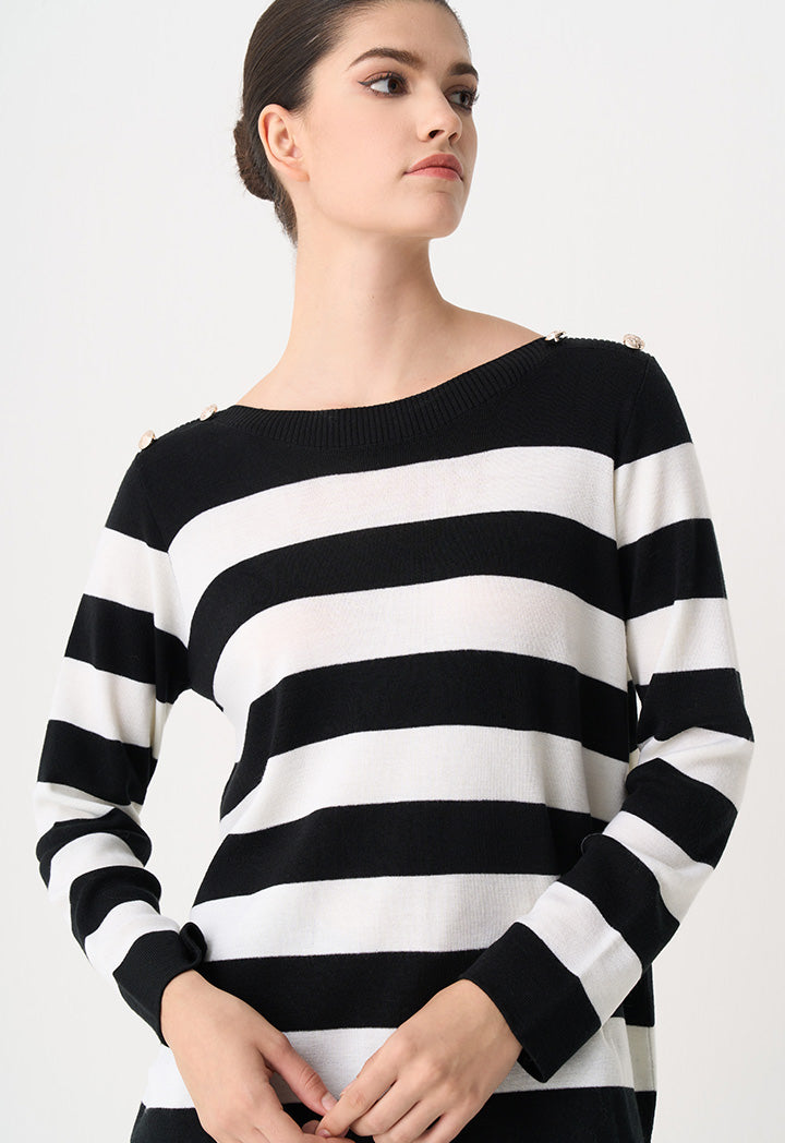 Choice Contrast Knitted Long Sleeve Blouse Black-White