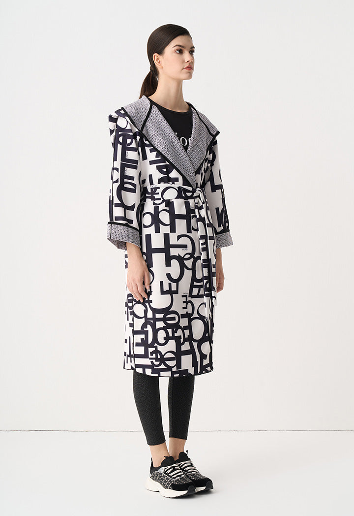 Choice Printed Monogram Belted Midi Coat Black-White