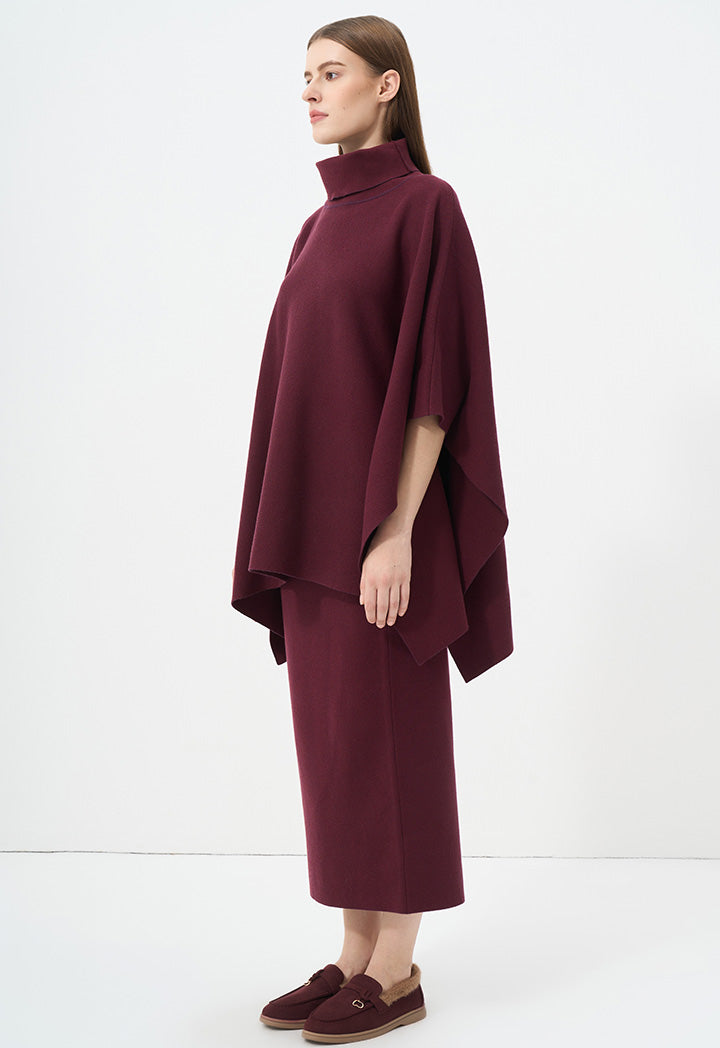 Choice Solid Long Sleeve Knitted Winter Poncho Burgundy