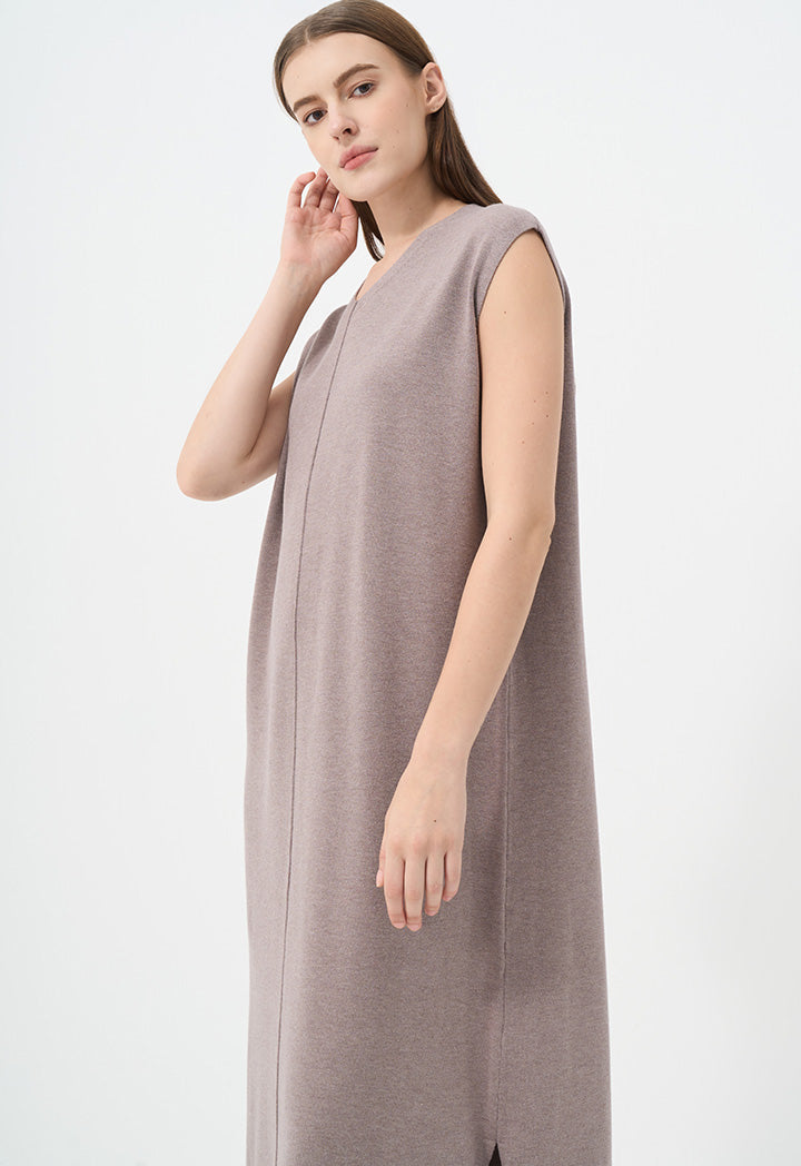 Choice V-Neck Sleeveless Knitted Dress Light Brown