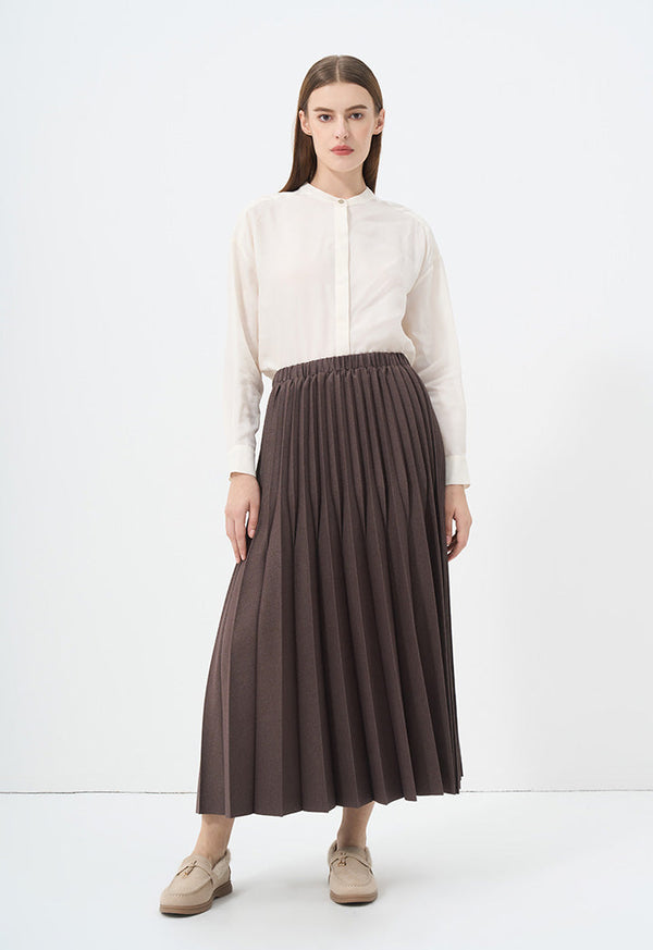 Choice Solid Pleated Midi Skirt Brown