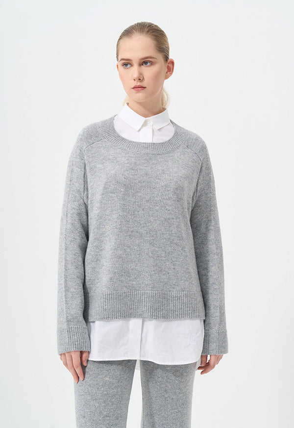 Choice Solid Long Sleeve Knitted Blouse Grey Melange