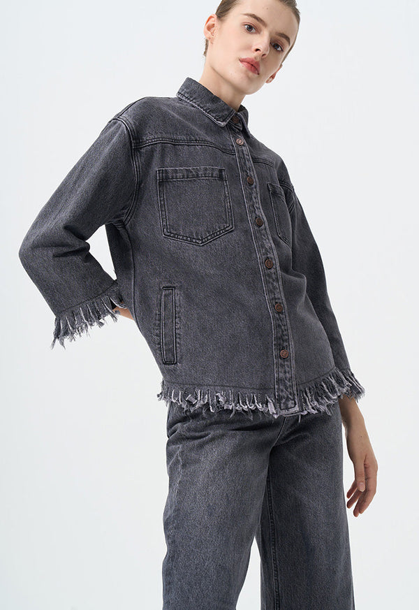 Choice Solid Long Sleeves Fringe Denim Jacket  Black