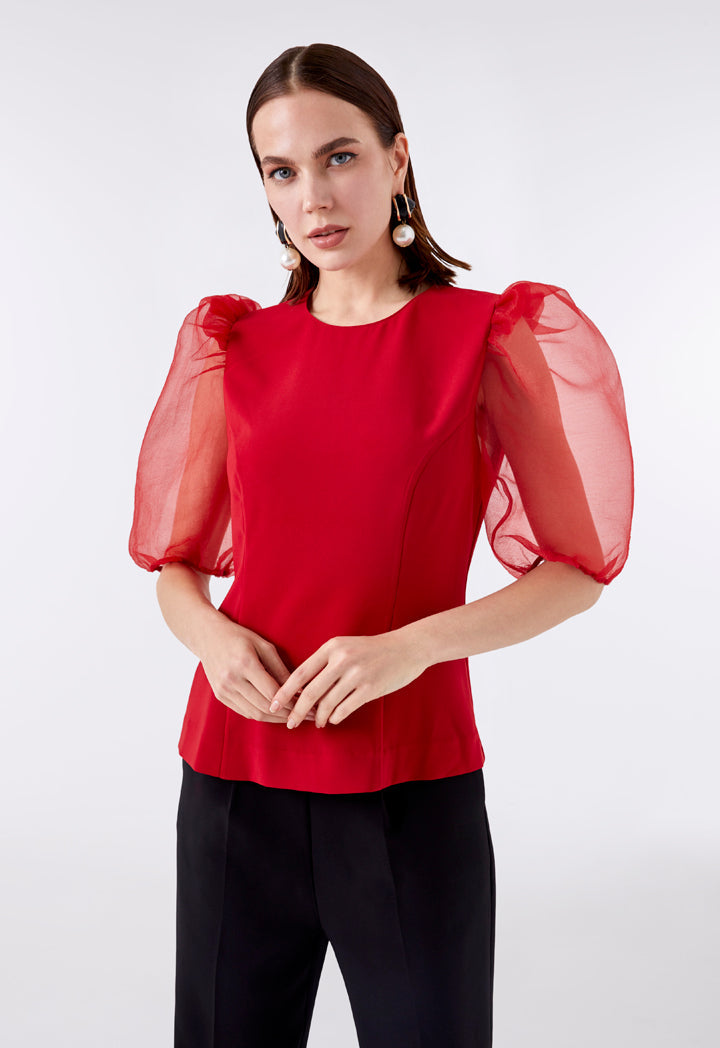 Choice Organza Puff Sleeves Blouse  Red - Wardrobe Fashion