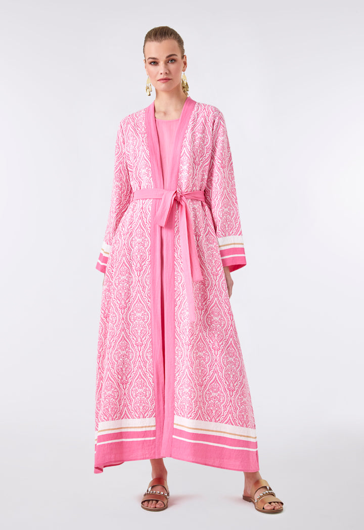 Choice Long Printed Pink Kimono Pink Print - Wardrobe Fashion