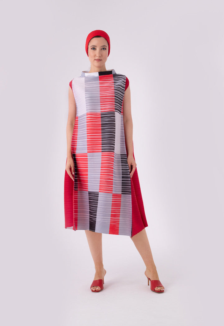 Choice Electric Pleated Color Block Stand Collar Sleeveless Dress Multi Color