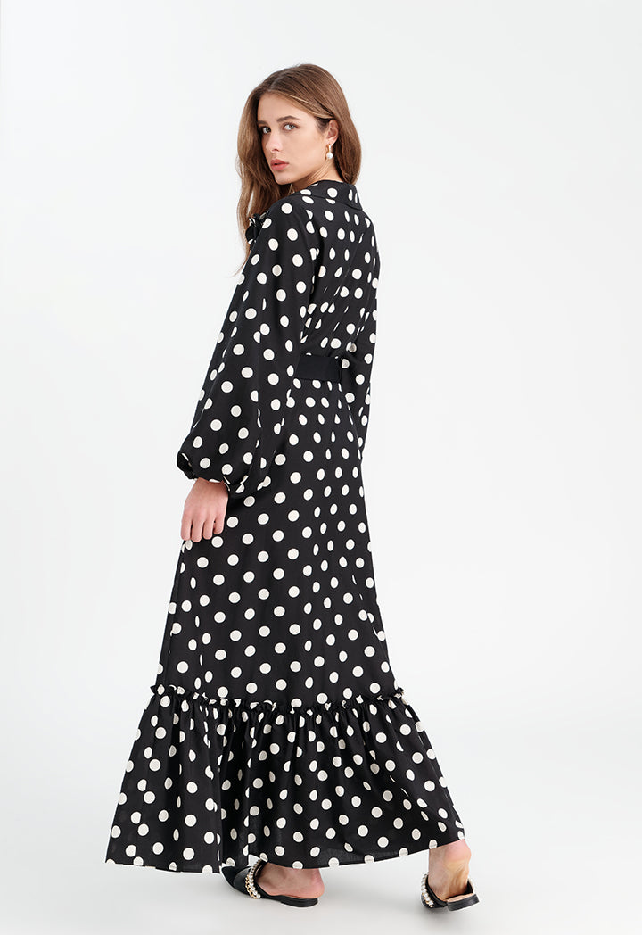 Choice V-Neck Polka Printed Flared Dress Black