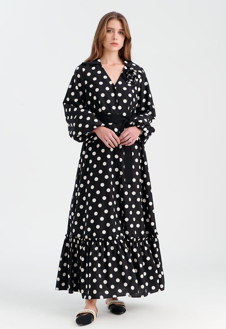 Choice V-Neck Polka Printed Flared Dress Black