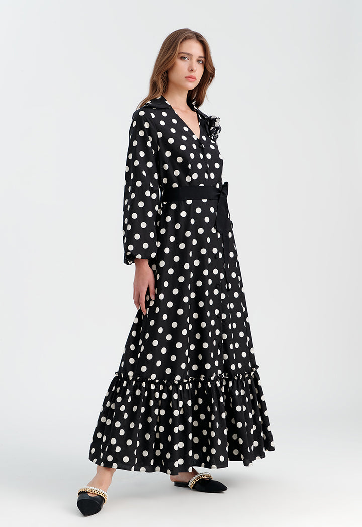 Choice V-Neck Polka Printed Flared Dress Black