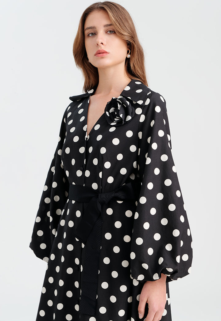 Choice V-Neck Polka Printed Flared Dress Black