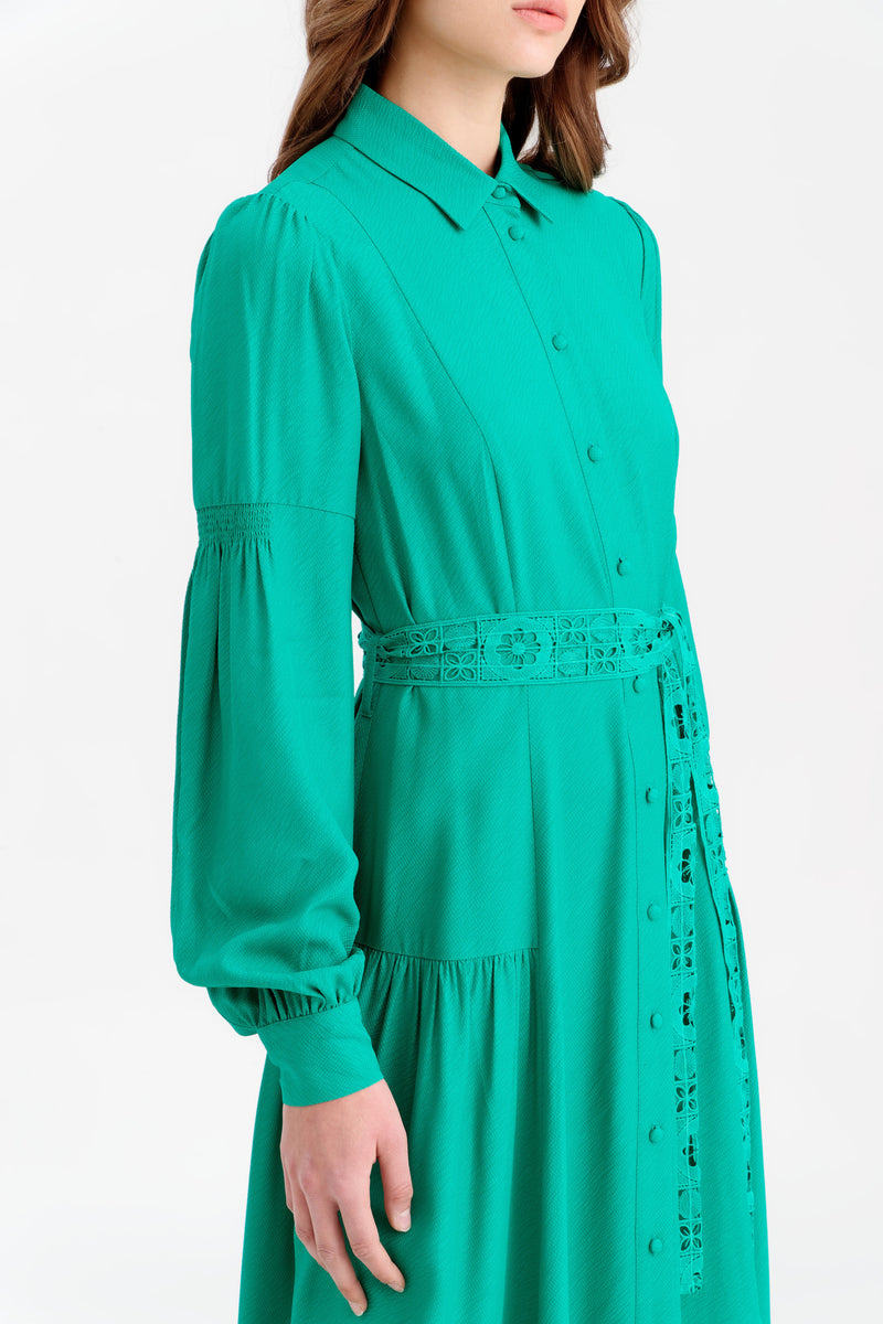 Choice Long Textured Dress With Lace Belt Green