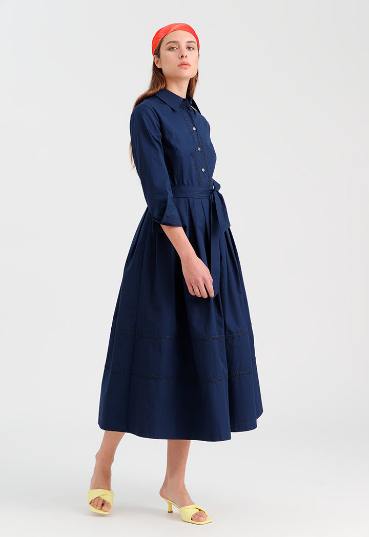 Choice Solid Dress With Pleated Waist Navy