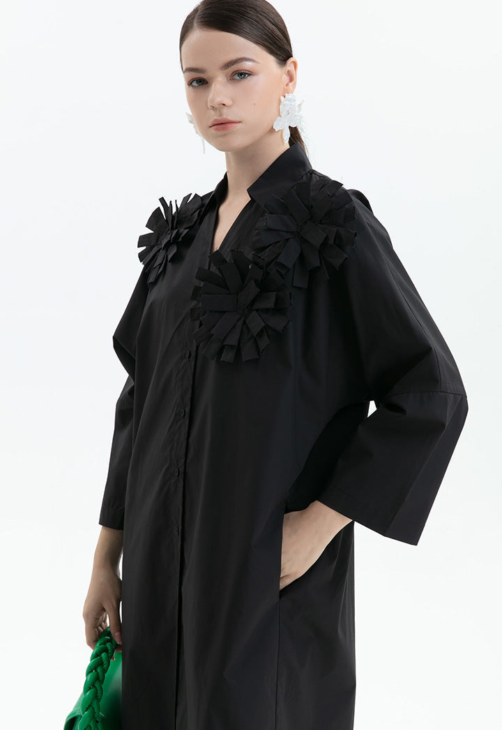 Choice Solid Front Ruffles Maxi Shirt Dress Black