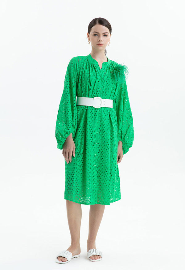 Choice Schiffli Patterned Midi Shirt Dress Green