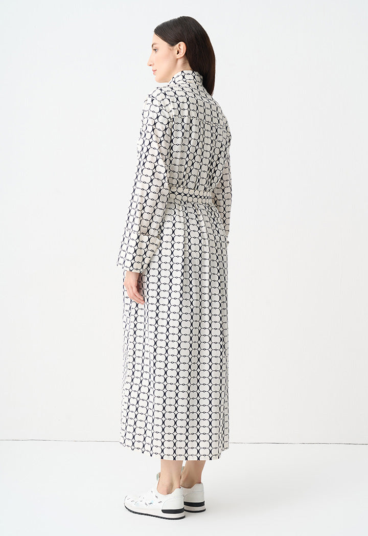 Choice Patterned Belted Shirt Dress Offwhite