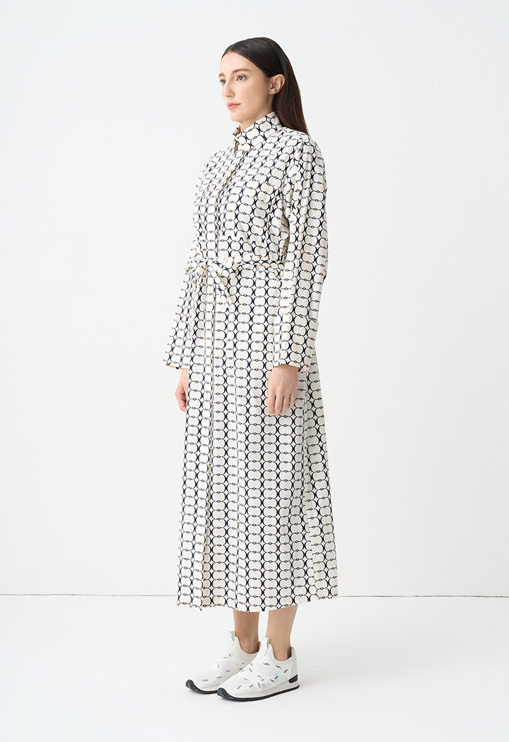 Choice Patterned Belted Shirt Dress Offwhite