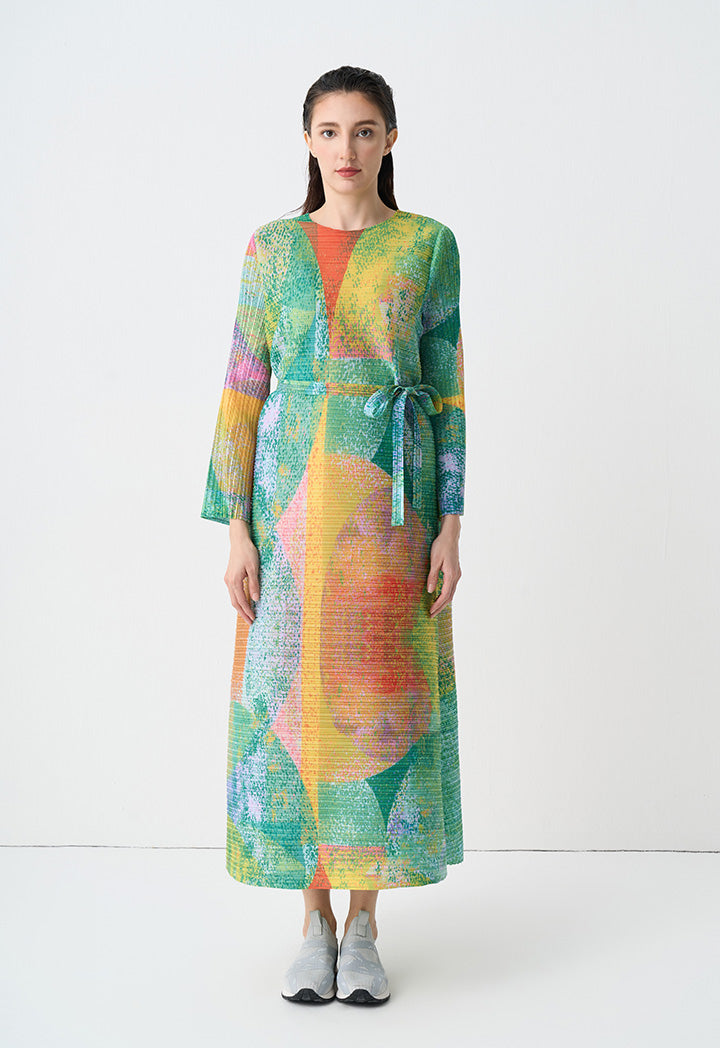 Choice Printed Pleated Belted Oversize Dress Print