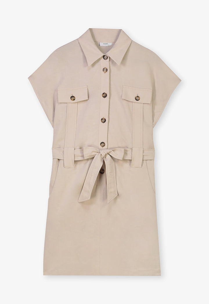 Choice Sleeveless Belted Shirt Dress Beige