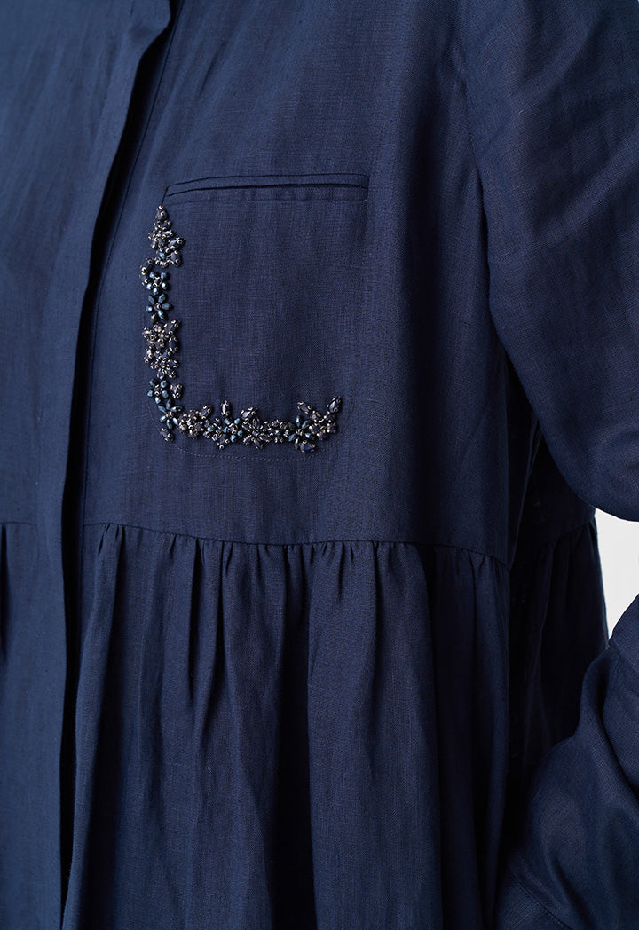 Choice Embellished Rhinestones Maxi Shirt Dress Navy