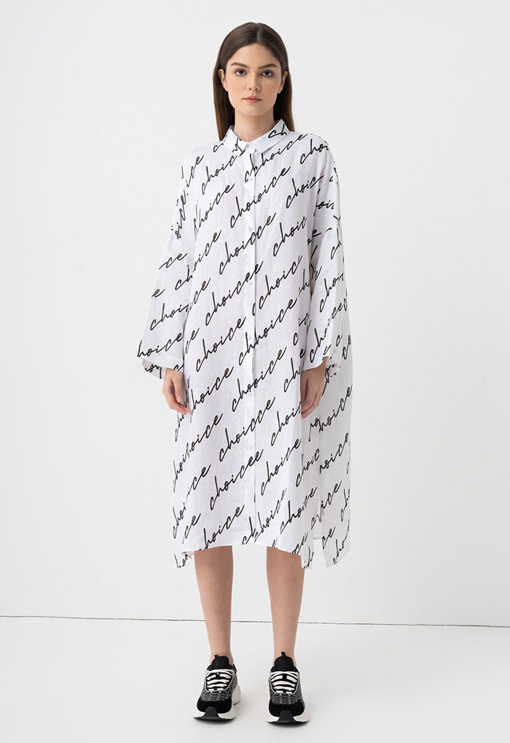 Choice Drop Shoulders Logo Printed Shirt Dress Off White