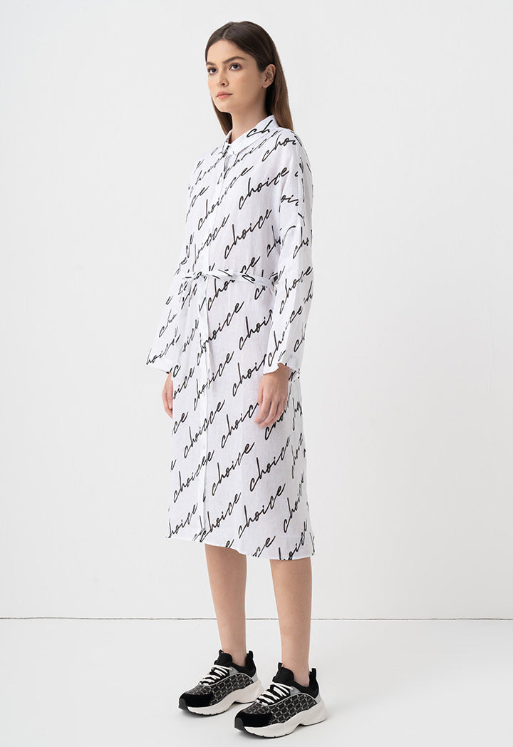 Choice Drop Shoulders Logo Printed Shirt Dress Off White