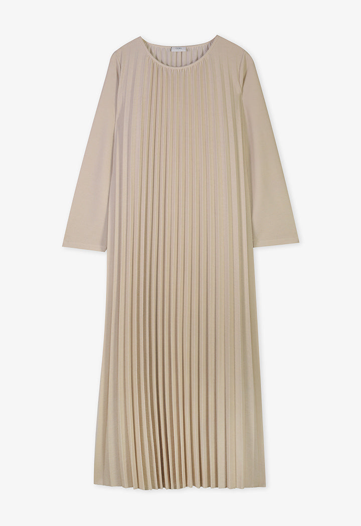 Choice Solid Long Sleeve Pleated Dress Beige