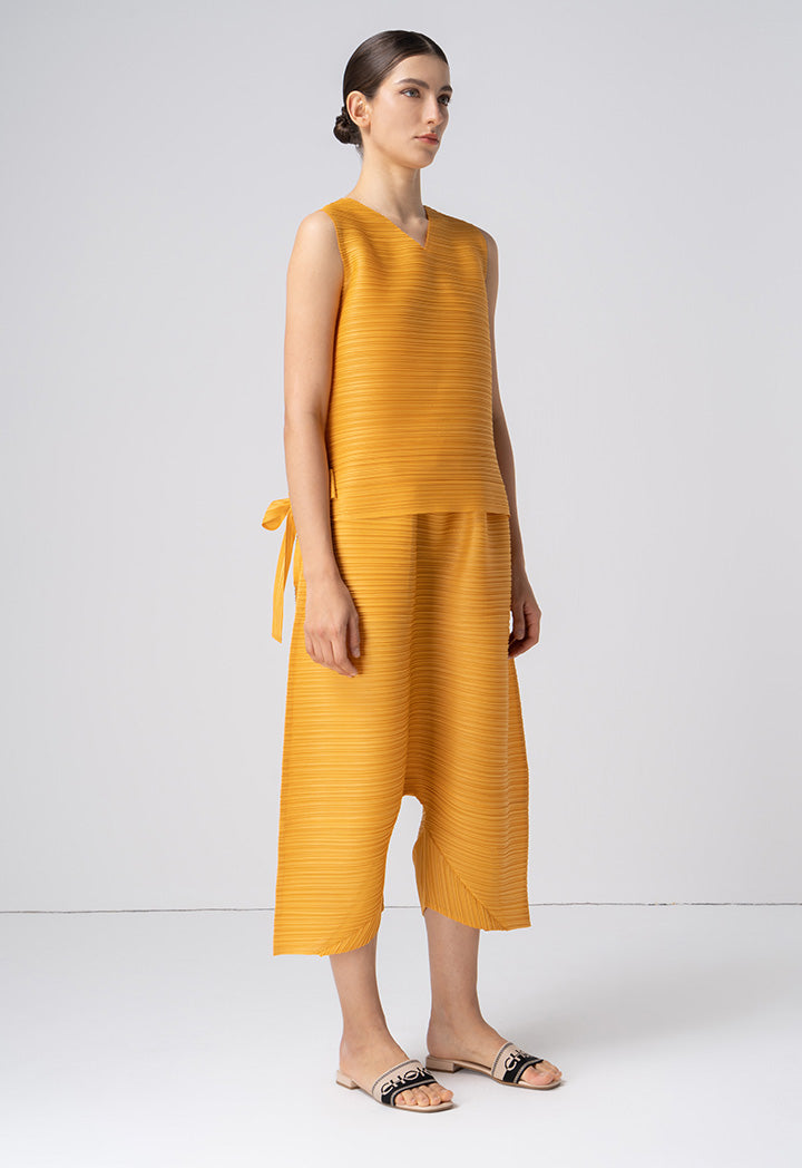 Choice Allover Pleated Top With Tie Detail Mustard