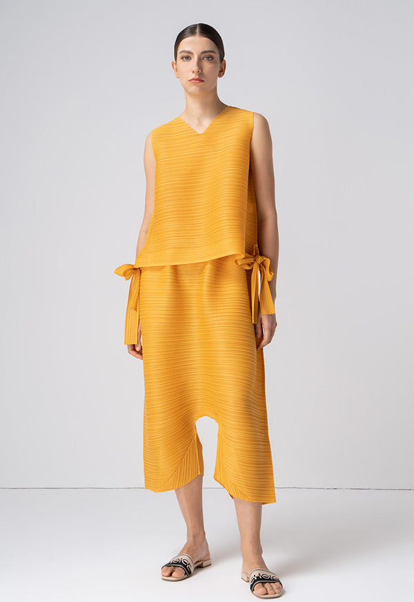 Choice Allover Pleated Top With Tie Detail Mustard