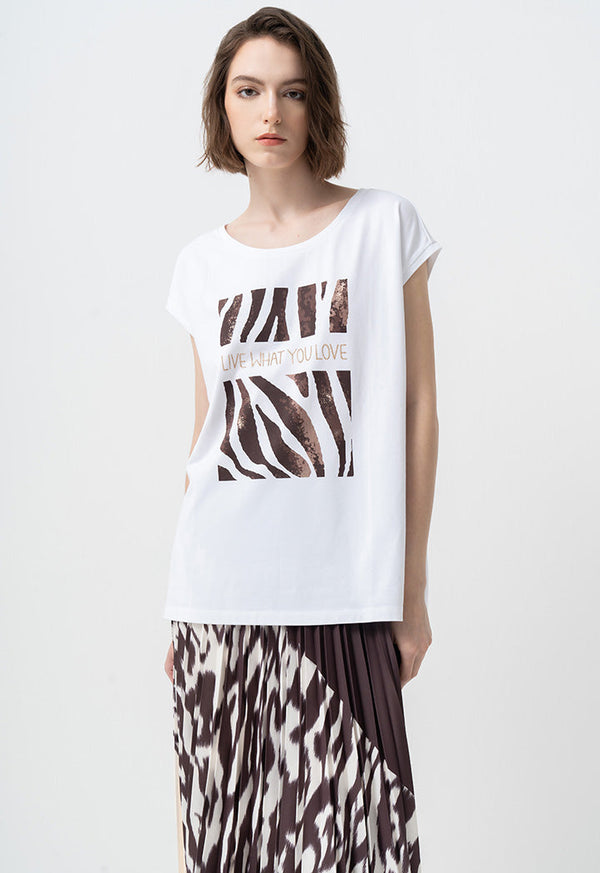 Choice Printed Motif Cap Sleeves T-Shirt Off White