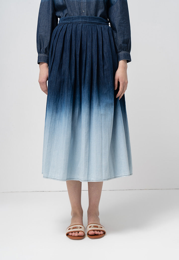 Choice Box Pleated Ombre Flared Denim Skirt Blue