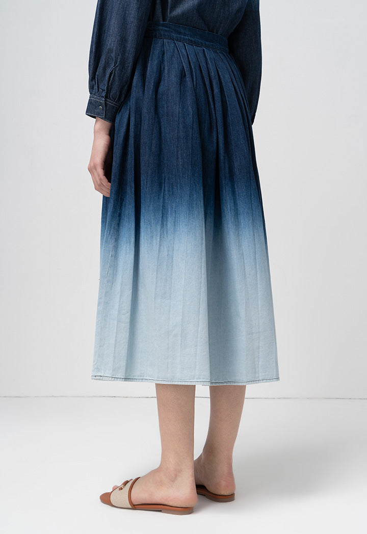 Choice Box Pleated Ombre Flared Denim Skirt Blue