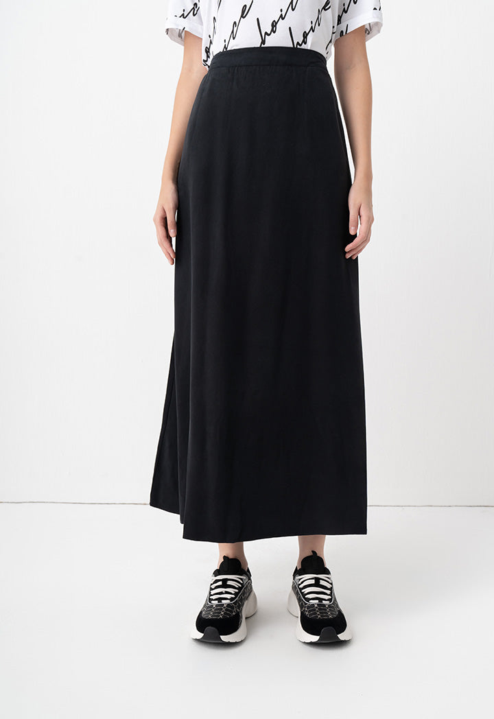 Choice Solid Pleated Flared Skirt Black