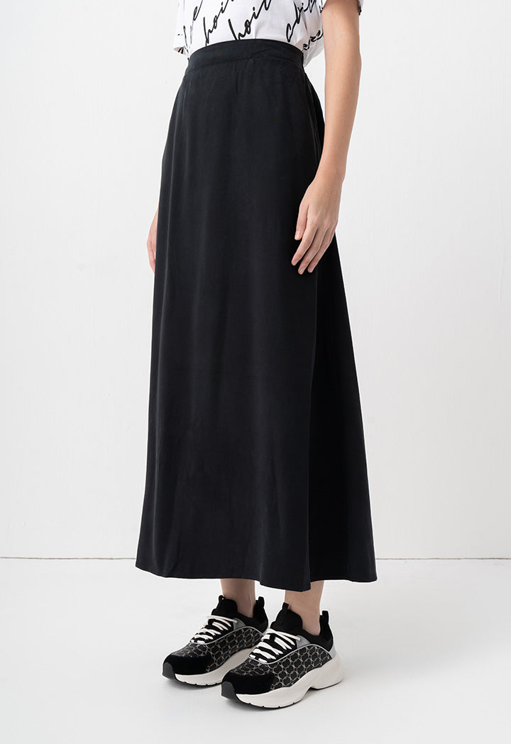 Choice Solid Pleated Flared Skirt Black