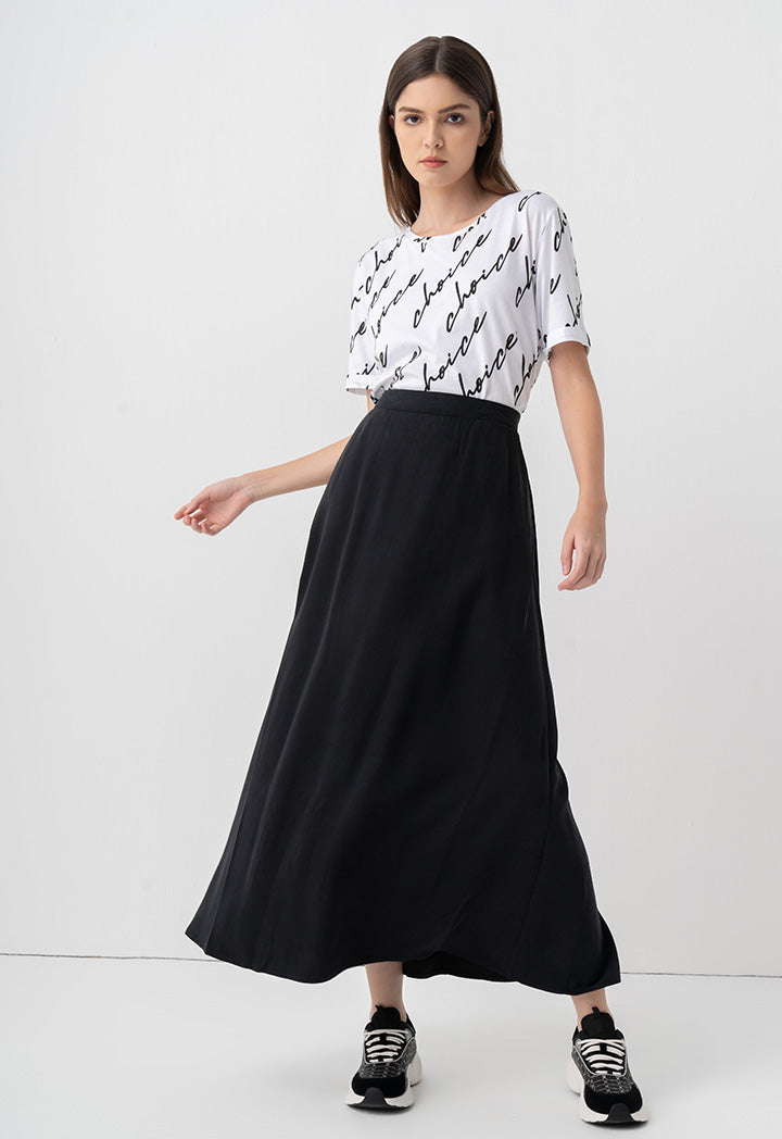 Choice Solid Pleated Flared Skirt Black