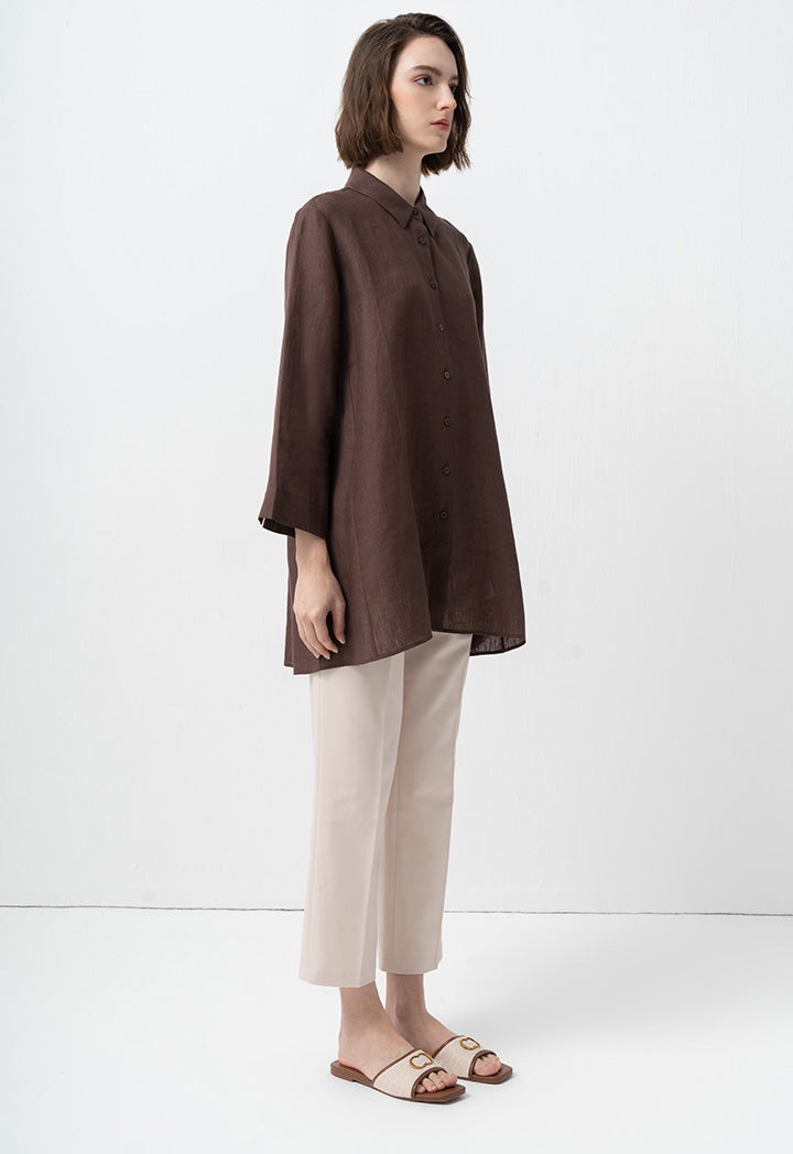 Choice Solid Long Sleeves Flared Shirt Brown