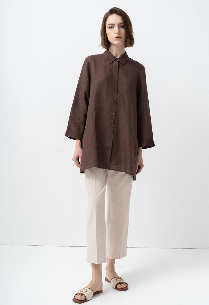 Choice Solid Long Sleeves Flared Shirt Brown