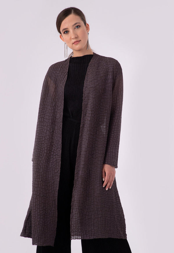 Choice Geometric Pleated Open Front Long Cardigan Dark Beige