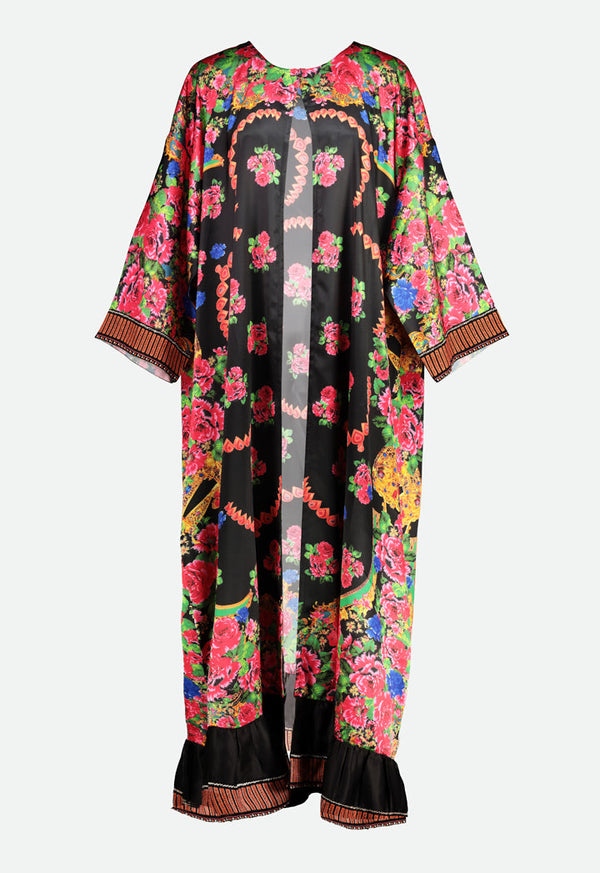 Choice Floral Print Long Outerwear  Black  Print - Wardrobe Fashion