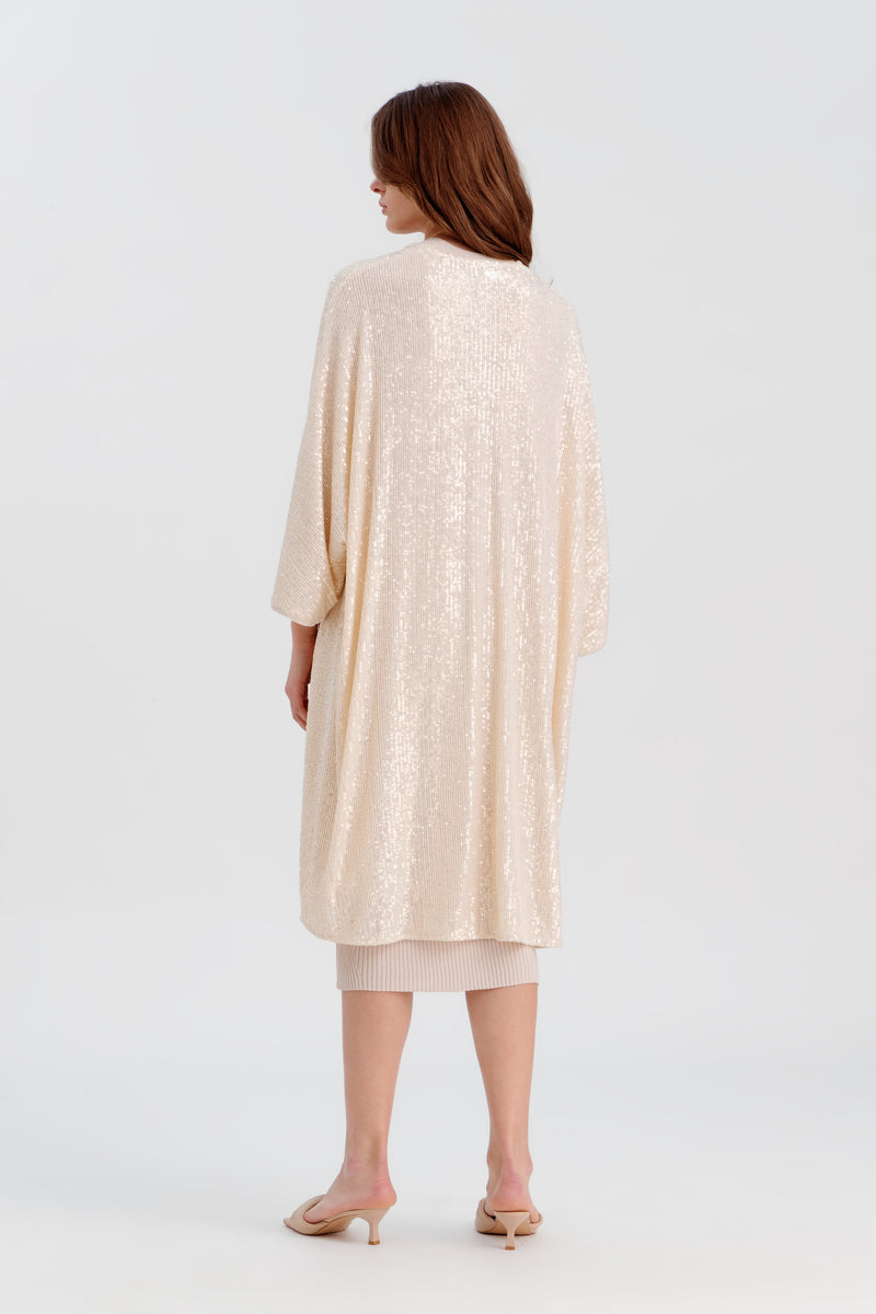 Choice Front Open Midi Sequenced Kimono Beige